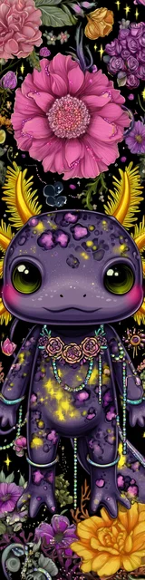 Free kawaii axolotl bookmark featuring a purple and mustard kawaii axolotl